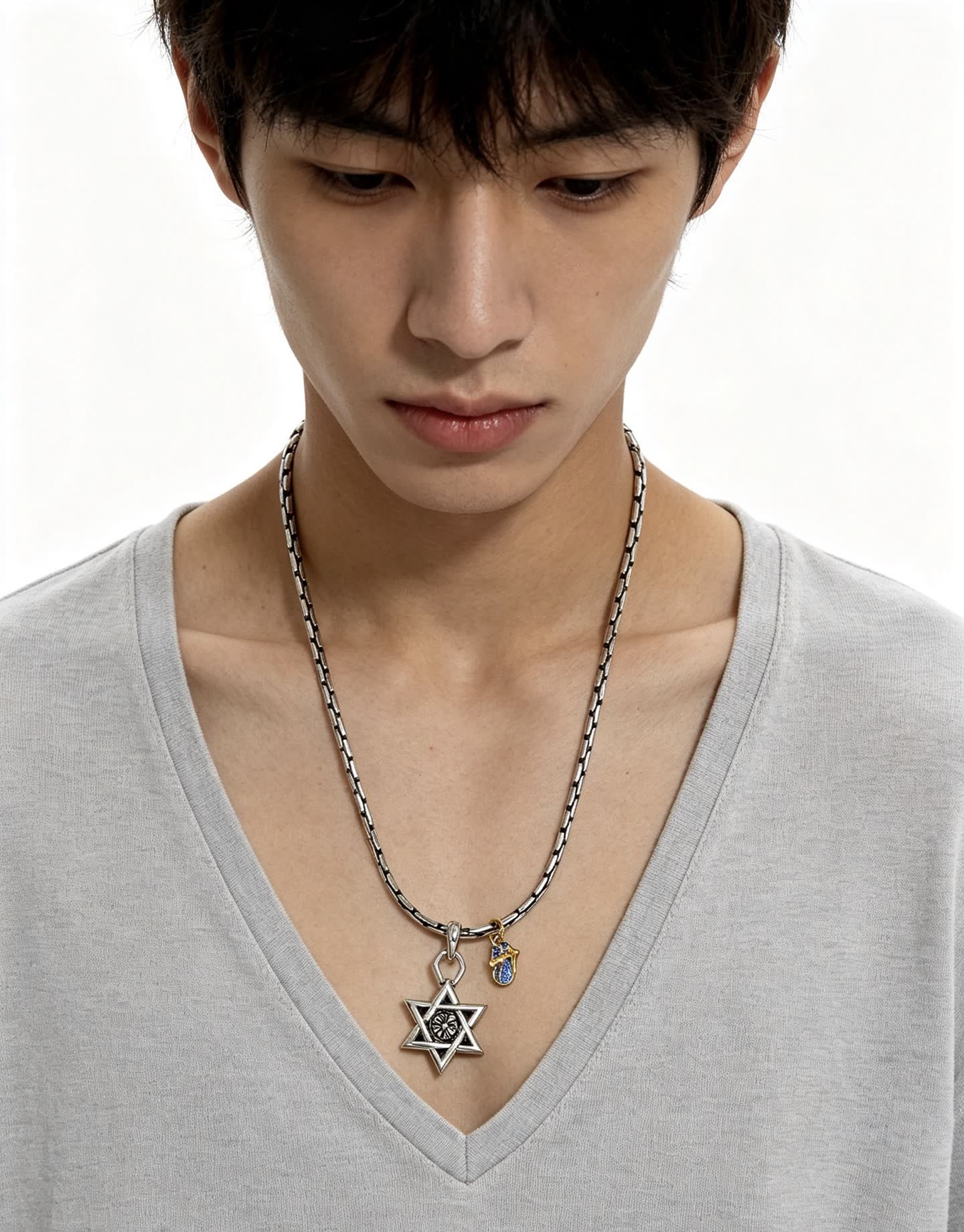 Chrome Hearts Silver Star of David Necklace with Blue Enamel Charm